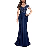 Miusol Women's Deep V-Neck Elegant Lace Sequin Pleated Evening Formal Maxi Dress