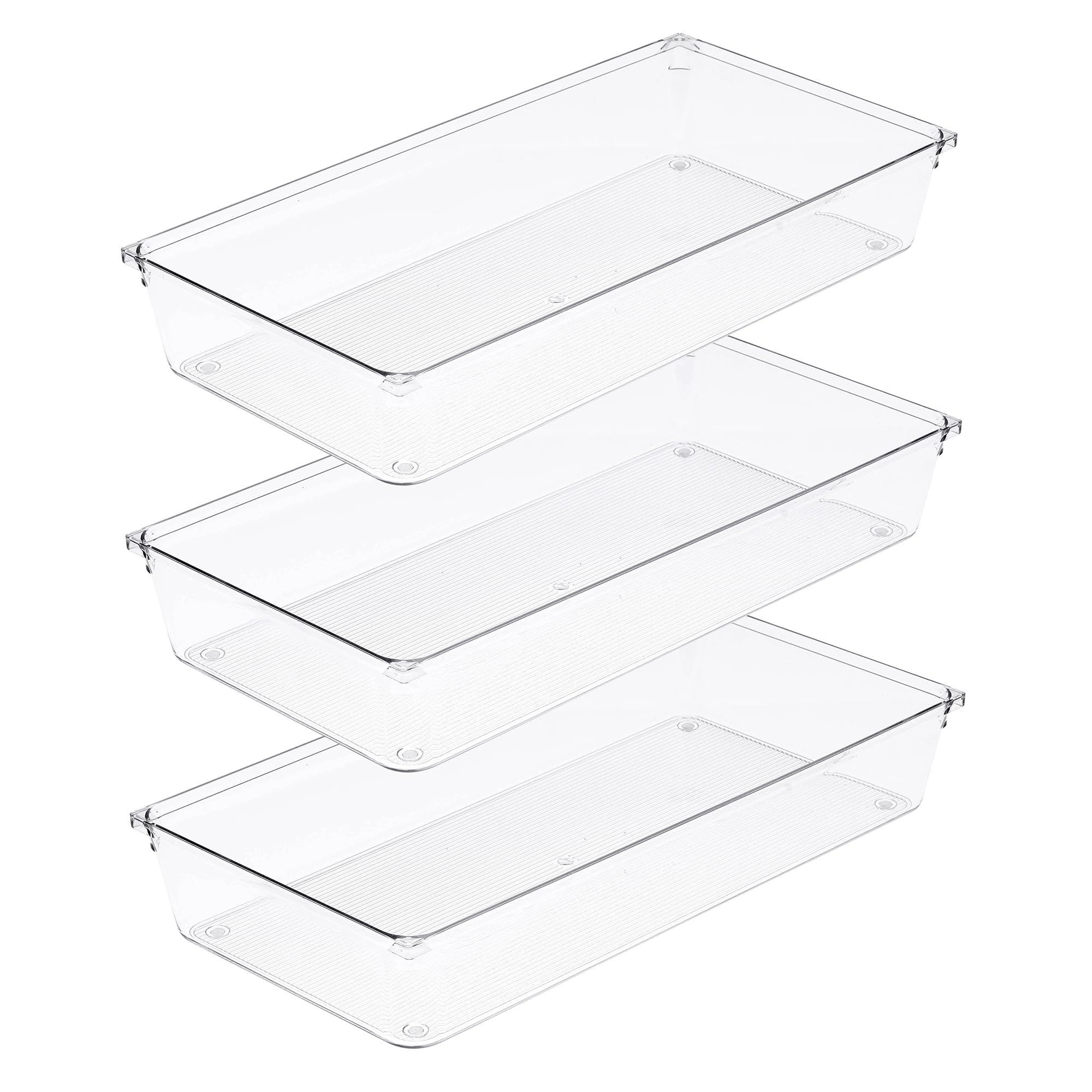 Amtido 3 Pack Drawer Organisers - Sturdy Clear Plastic Storage - Versatile Storage for Kitchen Cutlery, Bathroom, Utensils, Makeup, Office, and Desk Accessories (15.2cm x 30.5cm x 5.1cm)