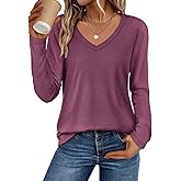ATHMILE Womens 2026 Fall Long Sleeve Shirts Basic Apparel Shirts Trendy V Neck Tshirt for Women Curved Hem Tops