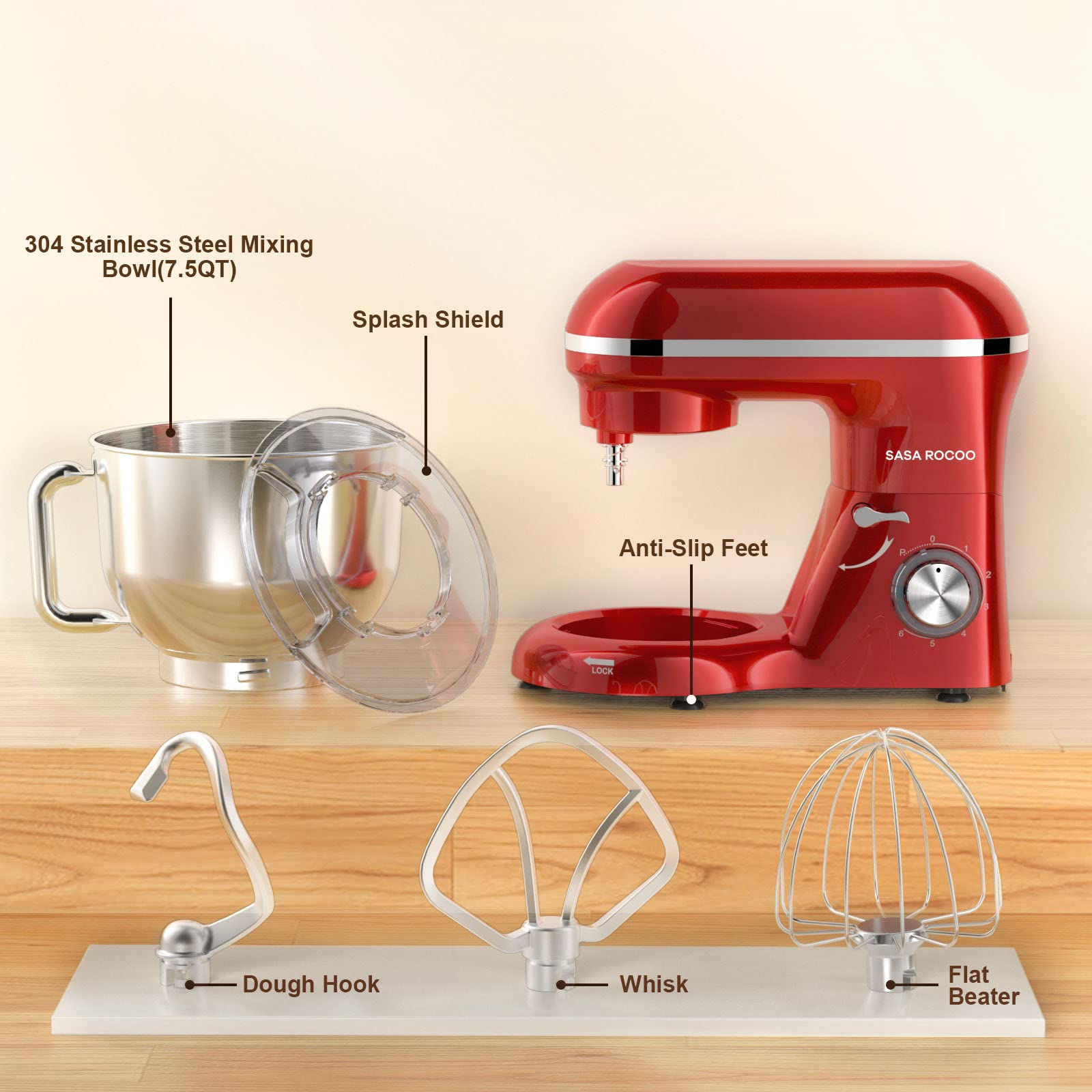 SASA ROCOO Stand Mixer 660W 6+P Speed Tilt-Head Electric Kitchen Mixer with 7.5 Qt Stainless Steel Bowl, Beater, Dough Hook, Whisk, Beater for Baking, Bagel, Cake, Pizza，Dishwasher Safe (red)