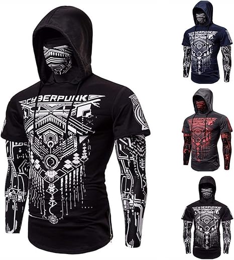 Amazon Com Liaiqing Elastic Fitness Men S Outdoor Fake Two Piece Cyberpunk Ninja Suit Hooded Mask Riding T Shirt Slim Jogger Bodybuilding Long Sleeve Personality Coat Color Blue Size Xl Sports