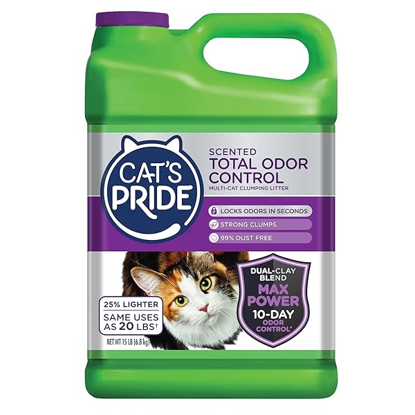CAT’S PRIDE MAX POWER: TOTAL ODOR CONTROL – UP TO 10 DAYS OF POWERFUL ODOR CONTROL – STRONG CLUMPING – 99% DUST FREE – MULTI-CAT LITTER, SCENTED, 15 POUNDS