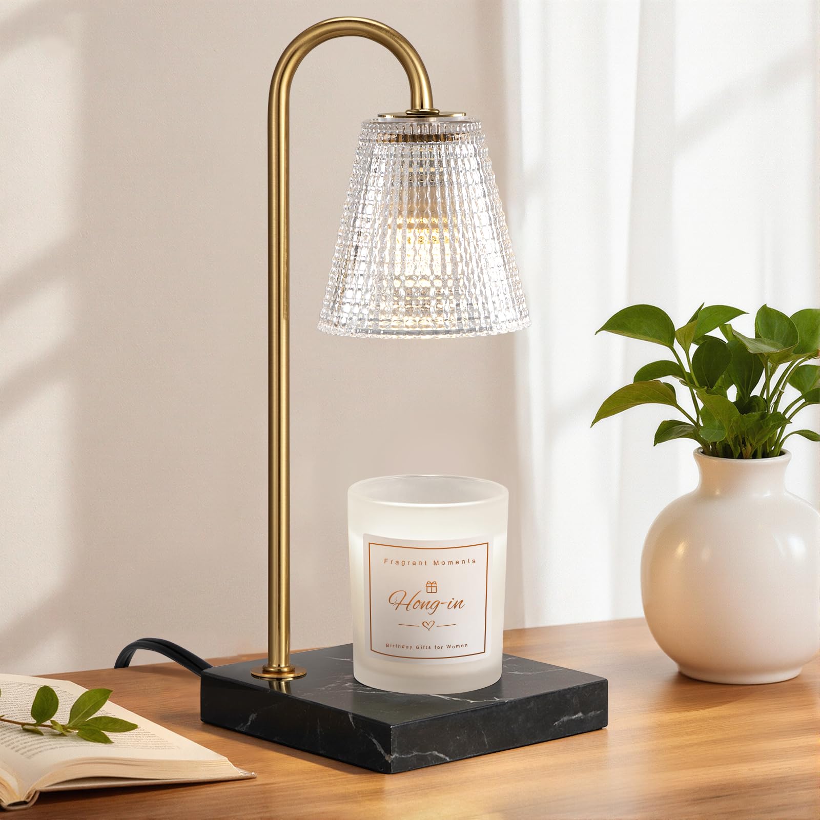 Hong-in Modern Gold Candle Warmer Lamp with Black Marble Base, Glass Shade Electric Candle Melter for Scented Candles, Stylish Home Kitchen Decor & Gift for Women Image