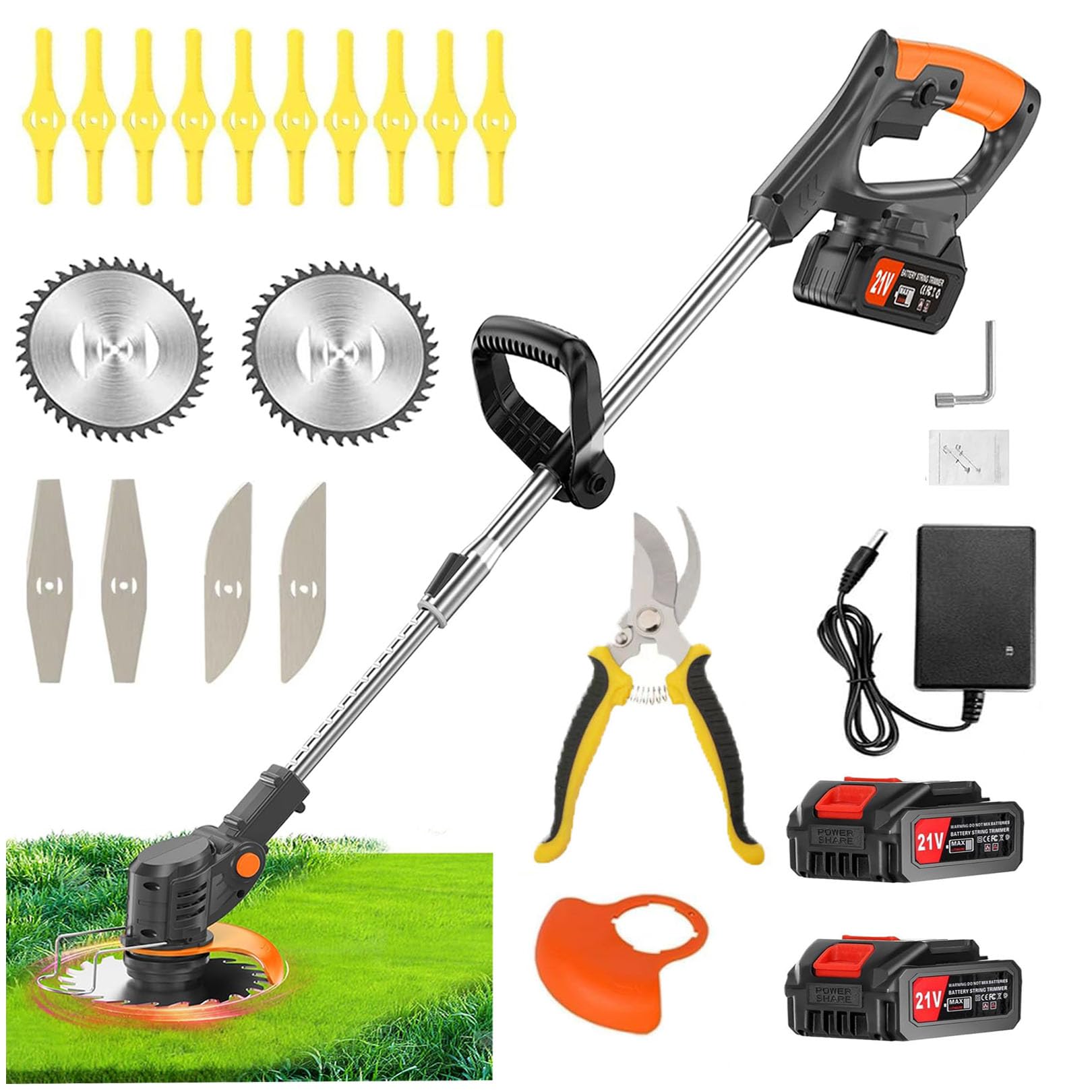 Photo 1 of 21V Cordless Weed Wacker Electric String Trimmer/Edger, 2.0Ah Battery and Charger Included, Brush Cutter Lawn Mower with 3 Types of Blades, for Lawn, Yard and Bush Trimming