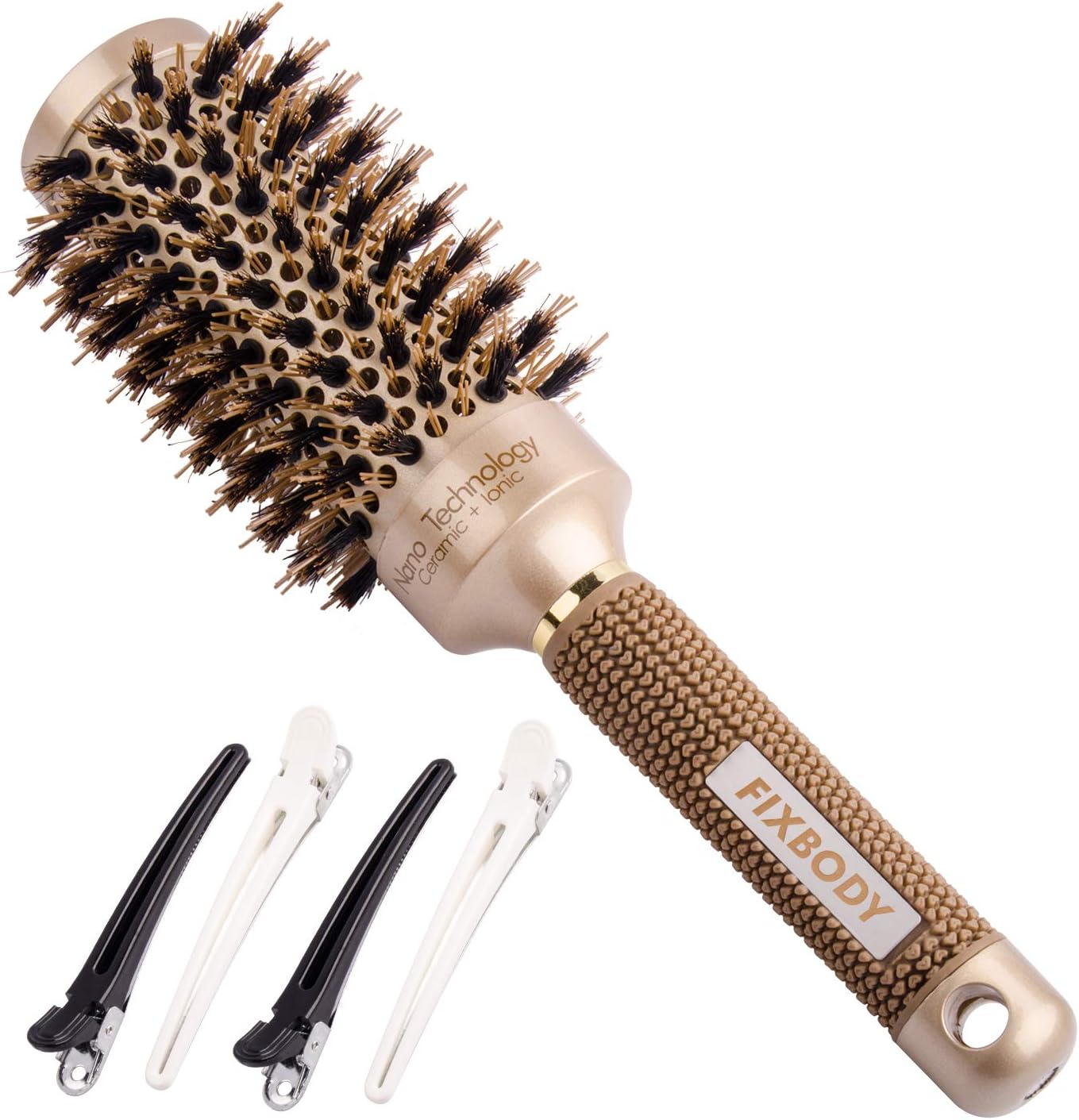 FIXBODY Round Barrel AntiStatic Hair Brush with Boar Bristles, Nano