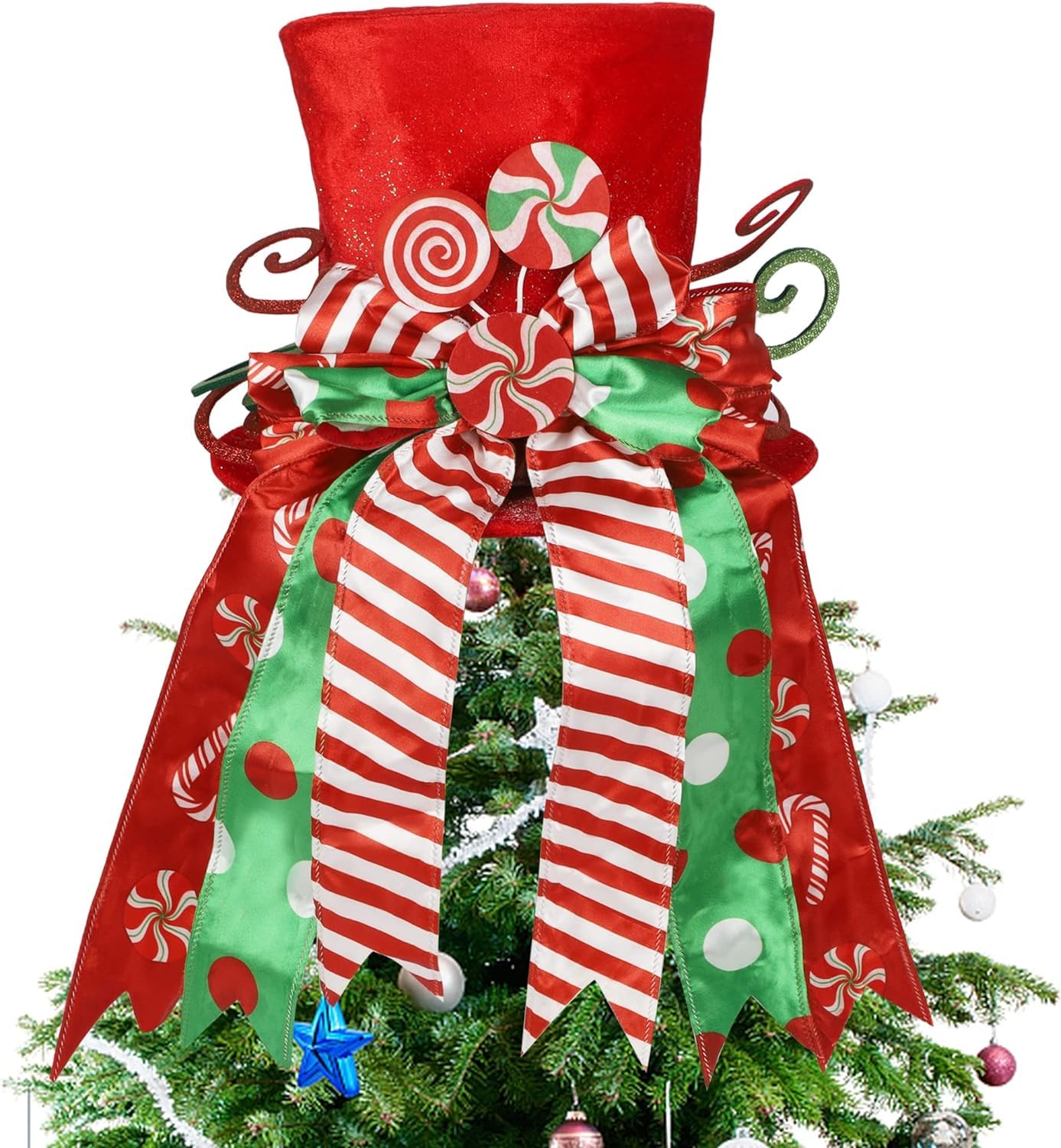 LATERN Christmas Tree Topper, 30CM Large Red Xmas Tree Top Hat with Striped Bow Ribbon and Lollipop for Home Christmas Holiday Winter Decor Desktop Ornaments