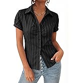 EMMIOL Y2k Button Down Shirts for Women - Short Sleeve Striped Slim Fit V Neck Collared Crop Tops Work Casual Summer Blouse