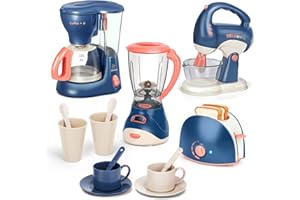 Kids Kitchen Pretend Play Toys,Kitchen Appliances Toy with Coffee Maker Machine,Blender, Mixer and Toaster with Realistic Lig
