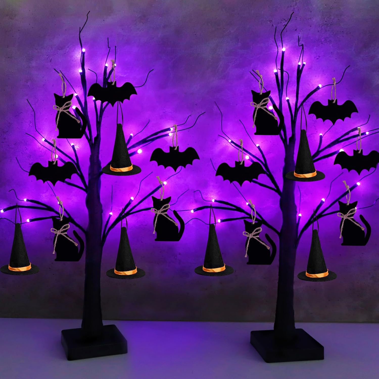 Trees - Halloween Decorations Indoor Black Tree: 2 Pack Spooky Tree with 18pcs Small Black Cat Bat Witch Hat Silhouette Ornaments, Halloween Table Decor LED Lights Tree with Timer for Kids Home School Office