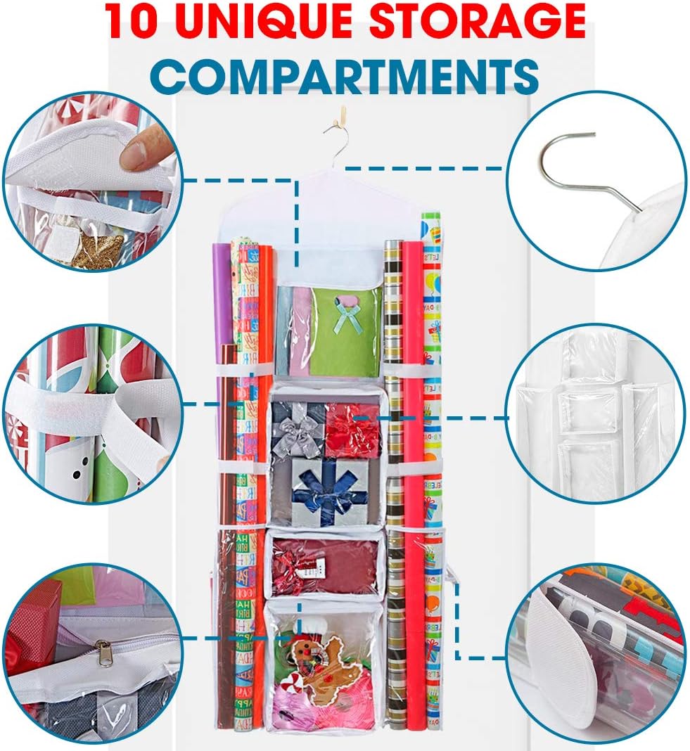 ProPik Hanging Double Sided Wrapping Paper Storage Organizer With Multiple Front And Back Pockets Organize Your Gift Wrap & Gift Bags Bows Ribbons 40”X17" Fits 40 Inch Rolls (White): Beauty