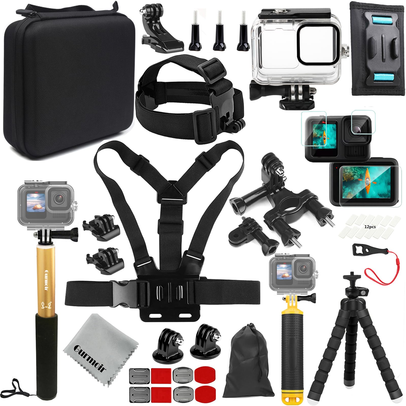 Photo 1 of Gurmoir Accessory Kit with Waterproof Case for Go Pro Hero 13 12 11 10 9 Black. Underwater Diving Housing Floating Hand Grip Screen Protector Bundle Pack for GoPro 13 12 11 10 9 Camera(DT13)