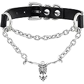 ADEMISHIA Gothic Skull Choker Necklace For Women, Halloween Skeleton Pendant Slip Chain Necklace with Adjustable Vegan Leather Buckle