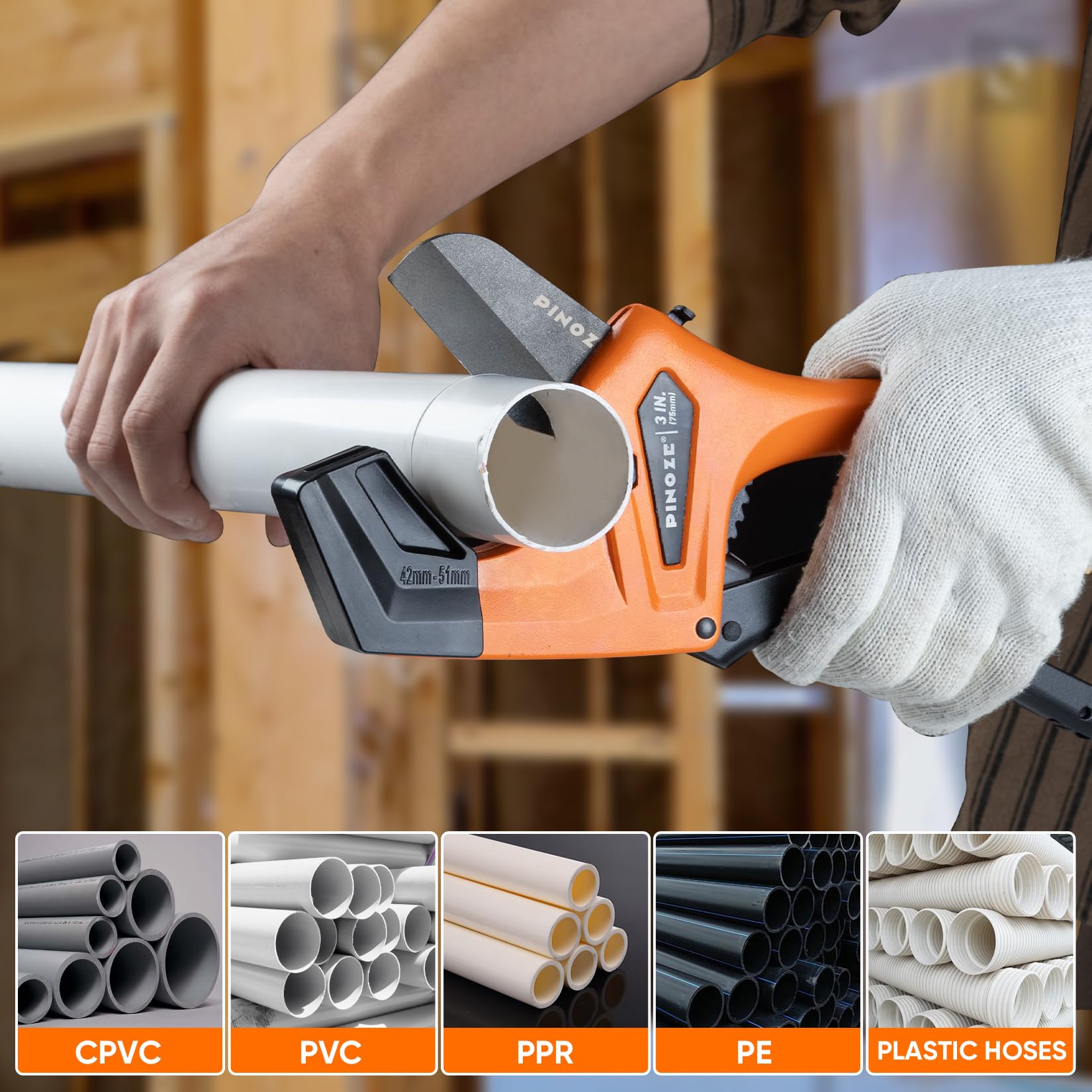 PINOZE PVC-Rohrschneider – 76 mm maximale Öffnung, Hochleistungs-Ratschen-Rohrschneider mit Stabilisator für PVC, PPR, PE, PEX, Kunststoffschläuche und Sanitärrohre mit teflonbeschichteter SK5-Klinge 7