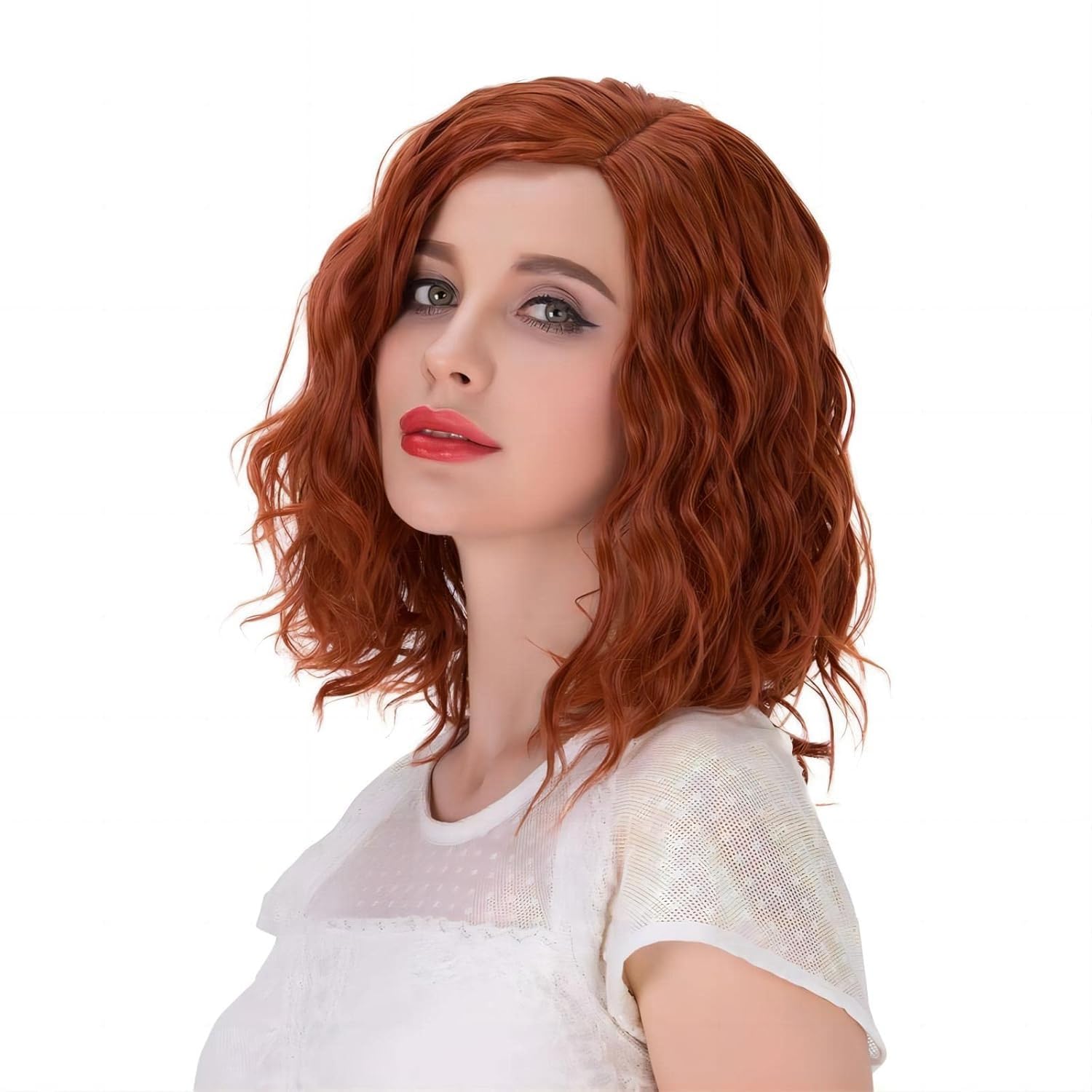 PORSMEER Natural Looking Wavy Curly Bob Hair Ginger Wigs for Women Short Auburn Red Full Wigs with Middle Part for Daily Use or Cosplay Party — image 1