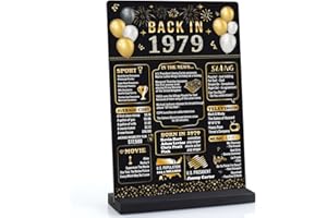 JETTRYRAN 45th Birthday Decorations for Men Women, Happy Birthday Party Decor Supplies, Vintage- 45 Years Old Birthday Anniversary 1979 Poster for Her Black Gold Back in 1979 Acrylic Table Sign with Wooden