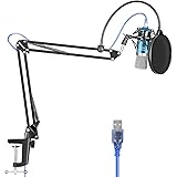Neewer USB Microphone for Windows and Mac with Suspension Scissor Arm Stand, Shock Mount, Pop Filter, USB Cable and Table Mounting Clamp Kit for Broadcasting and Sound Recording (Blue and Silver)