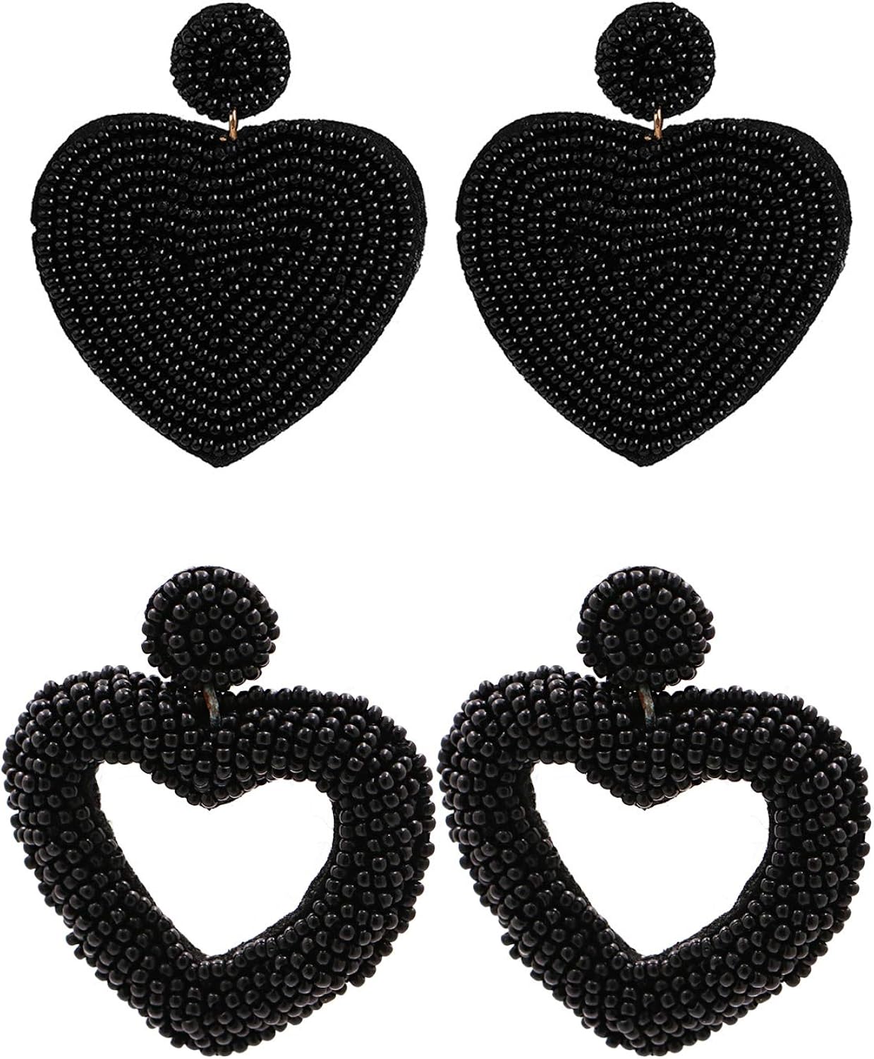 2 Pairs Beaded Heart Earrings Set Handmade Seed Bead Bohemian Statement