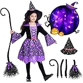 Poshetion Glow in the Dark Witch Costume for Girls - Toddler Halloween Dress-Up with Broom, Hat & Glowing Effect (8-10 M),Purple