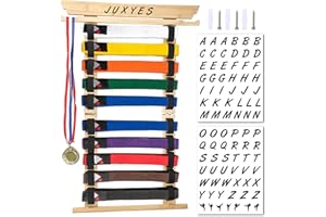 JUXYES Wall Hanging Martial Arts Belts Organizer for 10 Belts with Medal Hanger and Stickers, Bamboo Karate Belt Display Holder Rack, Taekwondo Belt Display Holder for Martial Arts Learners