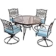 Hanover Traditions 5-Piece Outdoor Dining Set with 4 Swivel Rockers, Cushions and 47 in. Glass-top Table, All-Weather, UV Protected, Patio Dining Set for 4 for Backyard, Patio, Deck, Porch