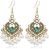 JNONL Unique Fashion Bohemian Vintage Chandelier Dangle Drop Earrings Pearl Flower Beads Geometry Hook Earrings for Women Retro Statement Jewelry Gifts