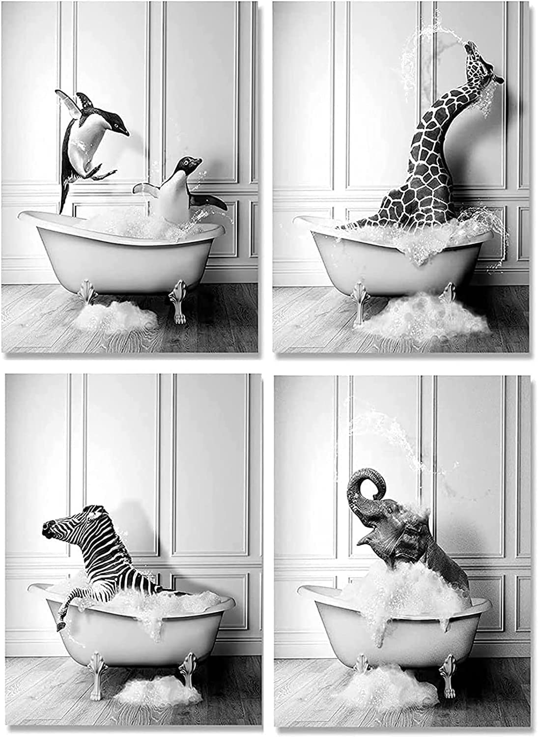 ERTLKP Pack of 4 Bathroom Pictures, Giraffe in the Bathtub Poster, Black and White Wall Art, Funny Animal Picture, Giraffe, Elephant, Zebra, Penguins, Bathtub, Canvas Painting, Home Decor, Without — image 1