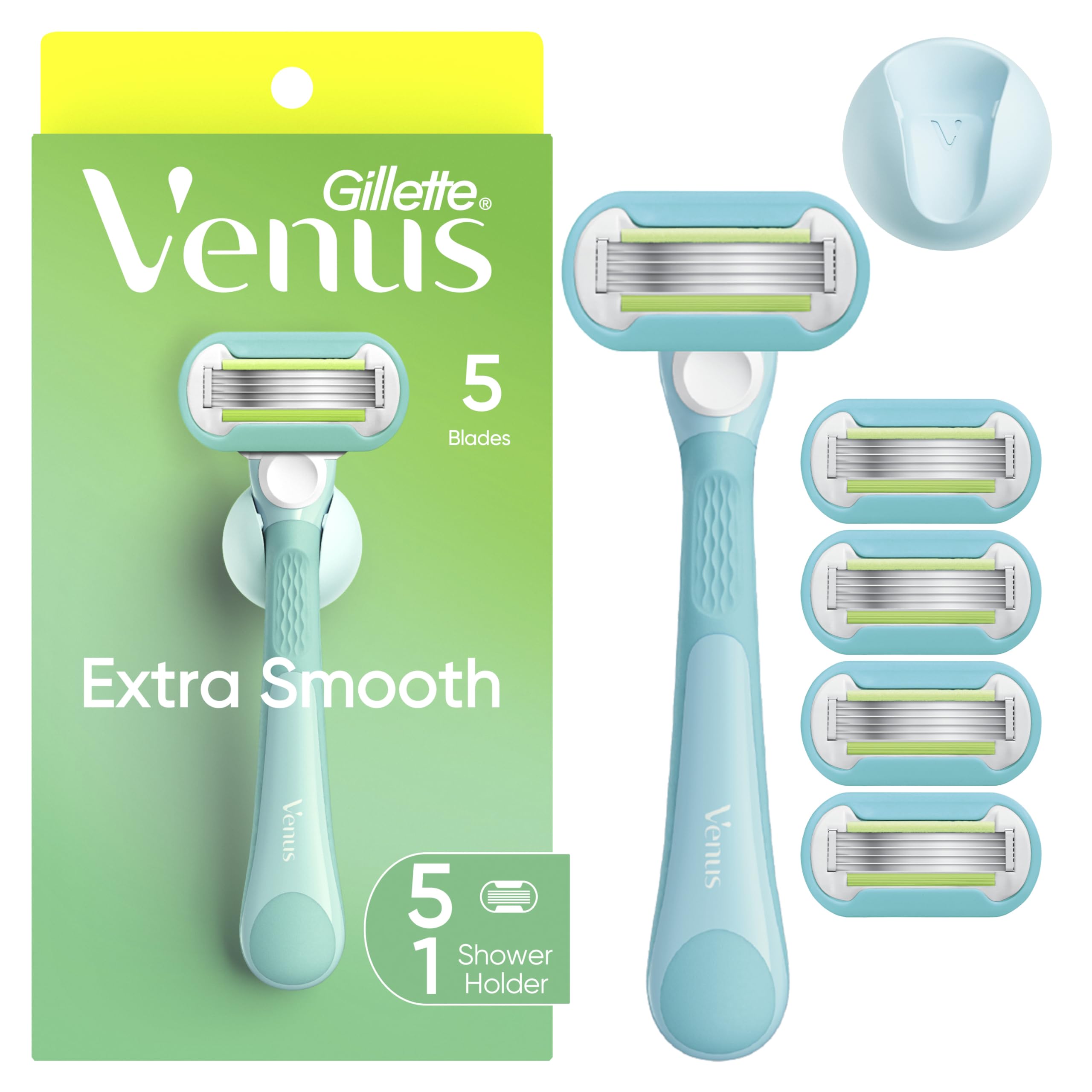 Photo 1 of ***FACTORY SEALED***Gillette Venus Extra Smooth Women's Razor with Reusable Handle, 5 Blade Refills and Shower Holder