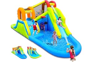 Bounwell Inflatable Water Slide with Air Blower, Water Park for Kids Backyard, Blow Up Water Slide with 2 Slide, 2 Climbing Wall, Basketball Hoop, Water Cannon and Splash Pool