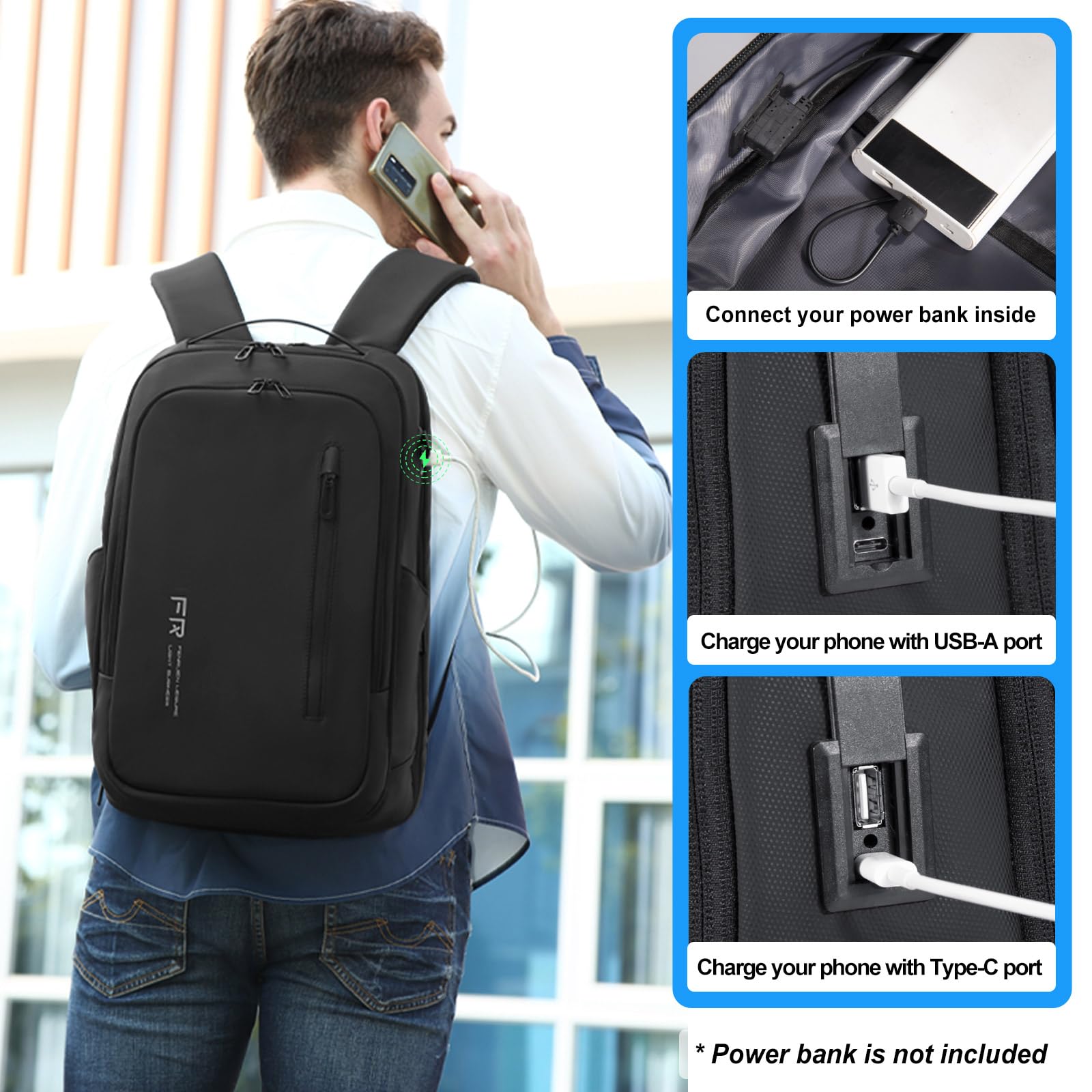 FENRUIEN Business Laptop Backpack 15.6 Inch, Expandable Slim Backpack for Men with USB Port, Water Resistant Computer Bag for Travel/College/Work, Black