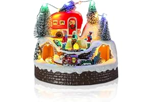 CHONSUN Christmas Village House Musical Christmas Collectible Buildings Camper Bonfire Train Rotation with LED Lights Vacation Village with USB Indoor Figurines Indoor Tabletop Decoration Xmas Decor