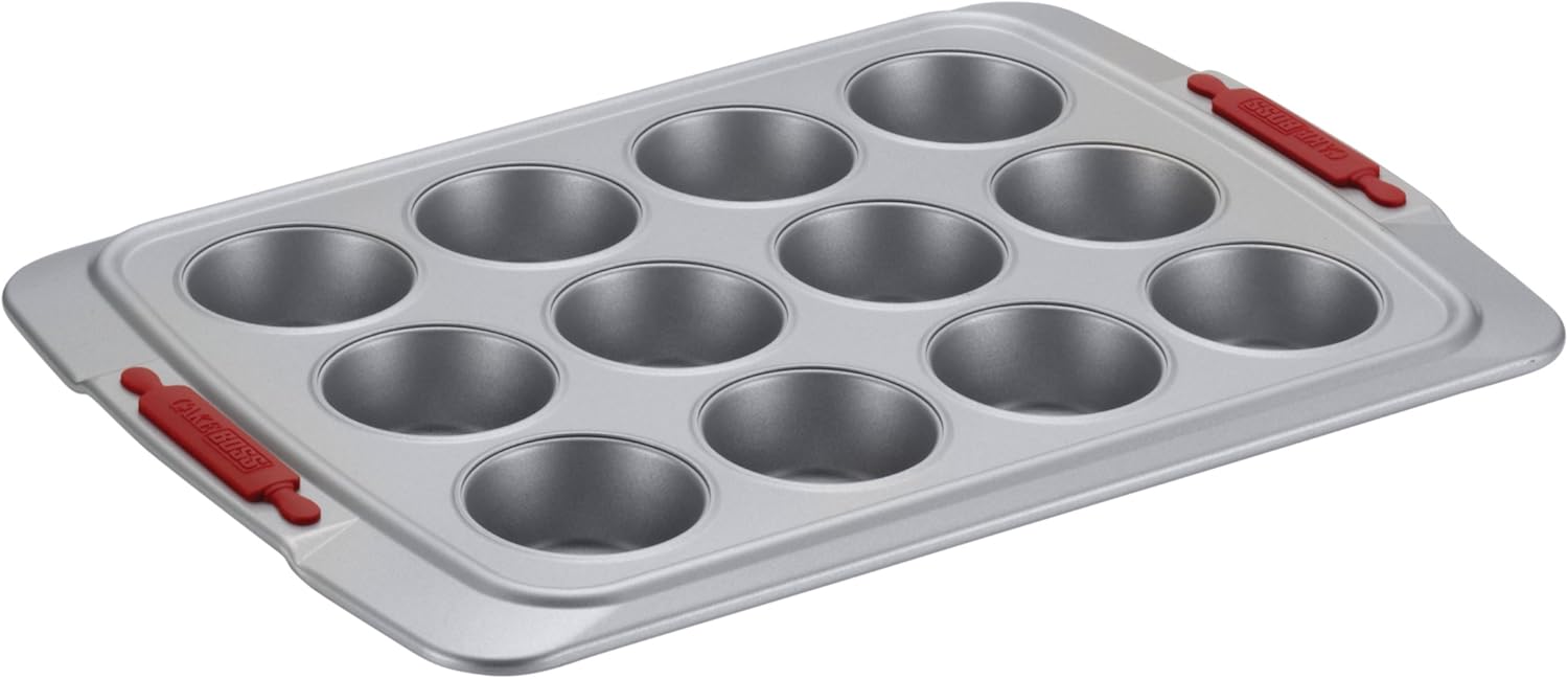 Cake Boss Deluxe Nonstick Bakeware 12-Cup Muffin Pan, Gray with Red Silicone Grips