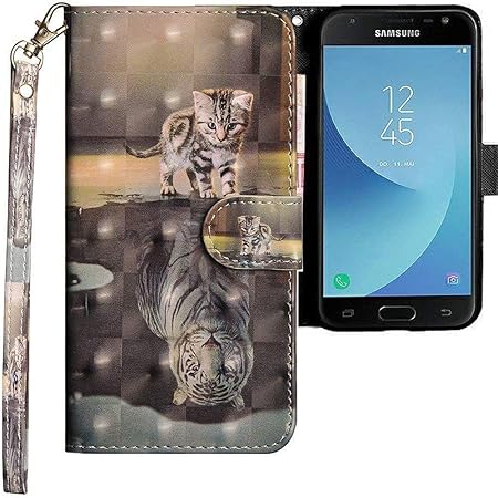 CLM-Tech kompatibel mit Samsung Galaxy J3 2017 Hülle, Tasche aus Kunstleder, Katze Tiger grau, PU Leder-Tasche für Galaxy J3 