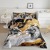 Homewish Lion Couple Comforter Set King Size,African Tropical Wild Animal Bedding Set All Season Quilt Set,Crown Decor Gold Black Marble Print Microfiber Polyester Down Comforter