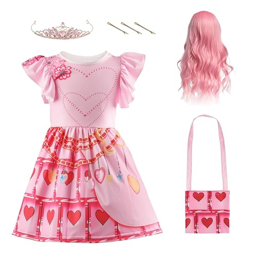 EliphonTowne Girls Princess Pink Costume Set - Girls Red Dress With Pink Wig And Crown, Halloween Dress Up, Princess Halloween Costumes, Kids Outfit, Carnival Cosplay Outfit - 140