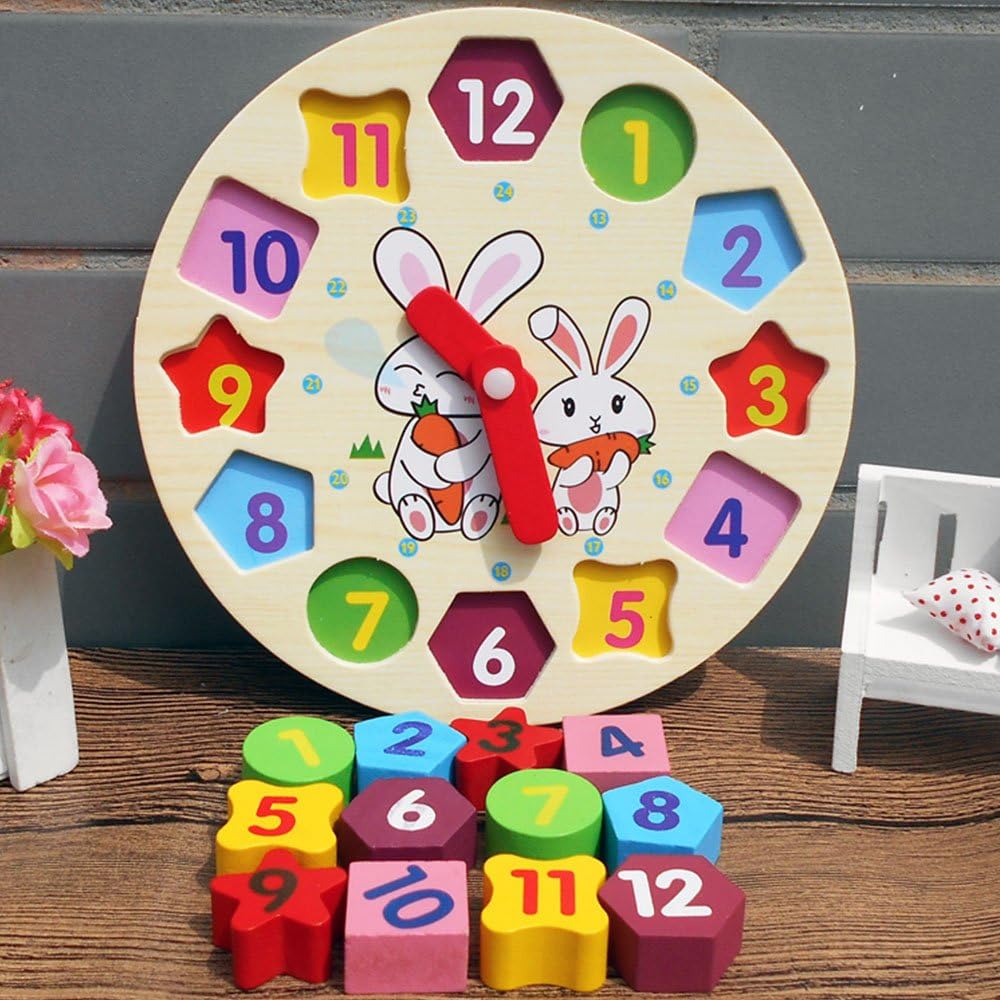 Wooden Shape Sorting Clock for Kids, Learning Telling Time Teaching