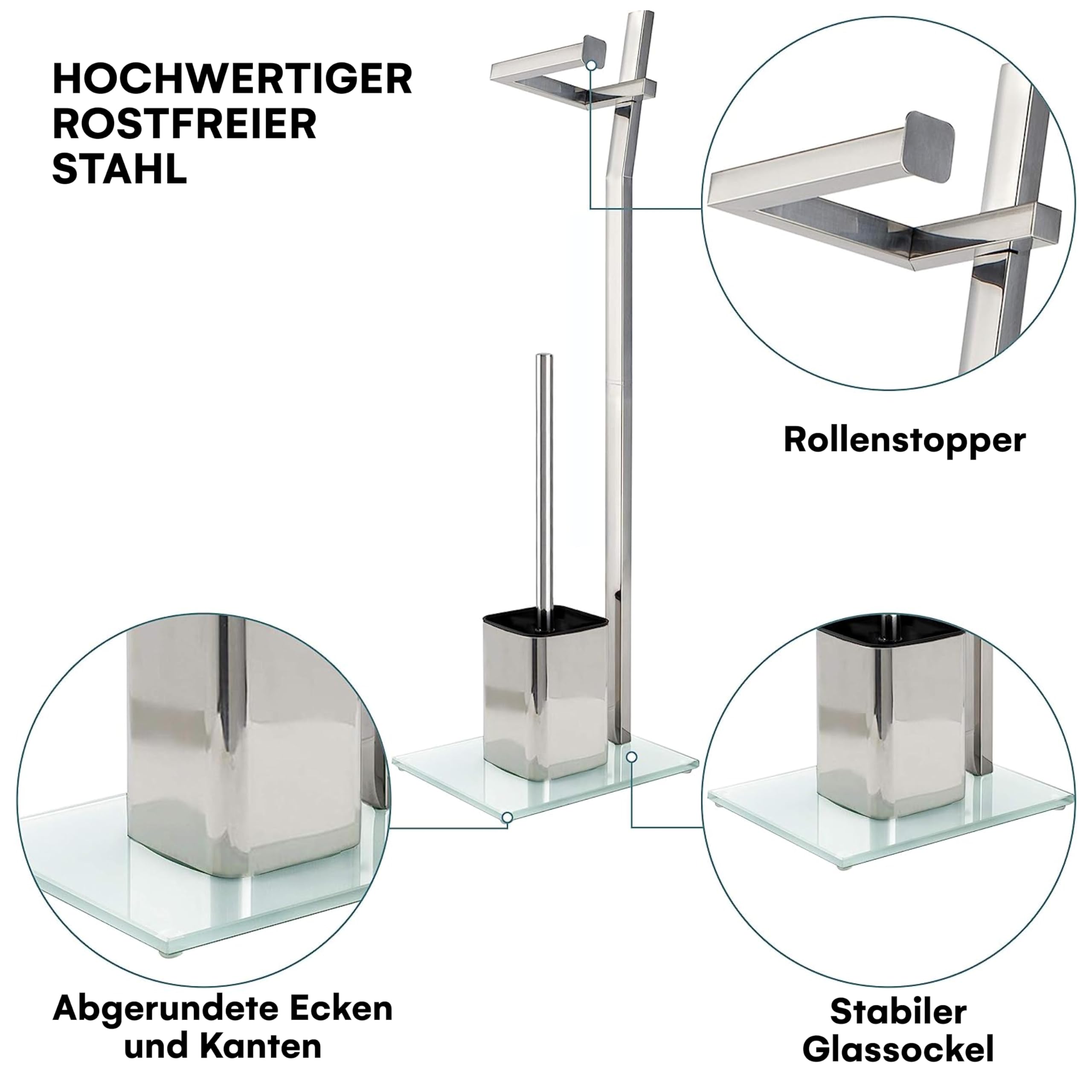 WC-Garnitur - 22 x 18 x 70 cm - Inklusive Klopapierhalter und Toilettenbürste - verchromter Edelstahl - schicker Standfuß aus Glas mit Klobürste - GRATIS: 2 Schwarze Klobürstenköpfe zum Austauschen 2