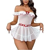 WDIRARA Women's 3 Piece Cosplay Lingerie Set Off Shoulder Sheer Lingerie Dress Nurse Costume Set