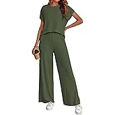 Ziqoty Women's Casual Two Piece Set Crewneck Short Sleeve Ribbed Knit Tops Wide Leg Lounge Outfits