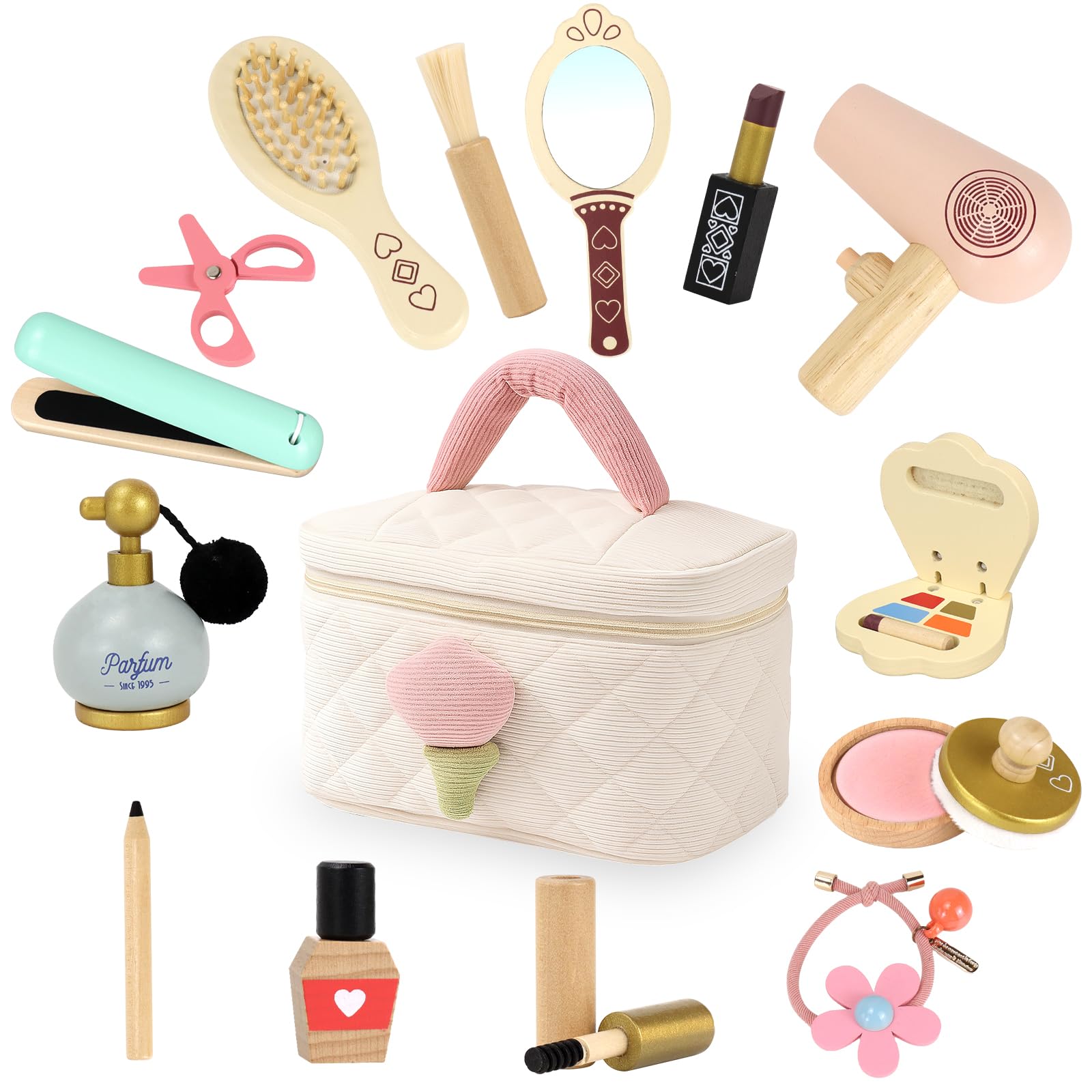 Wooden Makeup Toy Set, 15Pcs Hair Salon Girl Toys Toddler Pretend Play Makeup Kit with Cosmetic Bag Princess Beauty Realistic Accessories Christmas Birthday Gifts for Girls Age 3 4 5 6 7