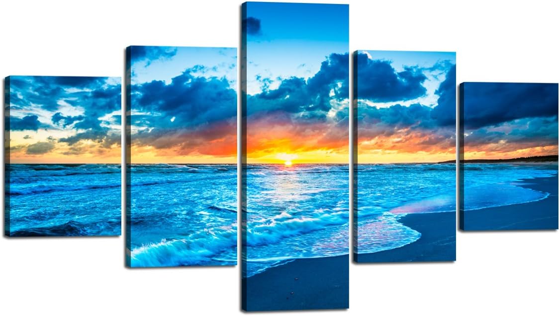 Beautiful Landscape Sunset Wave Beach Ocean Modern Seascape Pictures Painting on Canvas 5 Panels Combination Extra Large for Wall Art Living Room Home Decor Framed Stretched (70’’W x 40’’H)