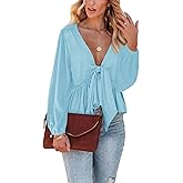 Fanway&EC Women's Long Sleeve V Neck Blouses Babydoll Tie Front Shirts Ruffle Hem Casual Crop Tops