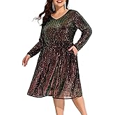 CARCOS Plus Size Sequin Dresses for Women V Neck Long Sleeve Party Dress Sparkle Club Dresses Evening Wedding Dresses XL-5XL