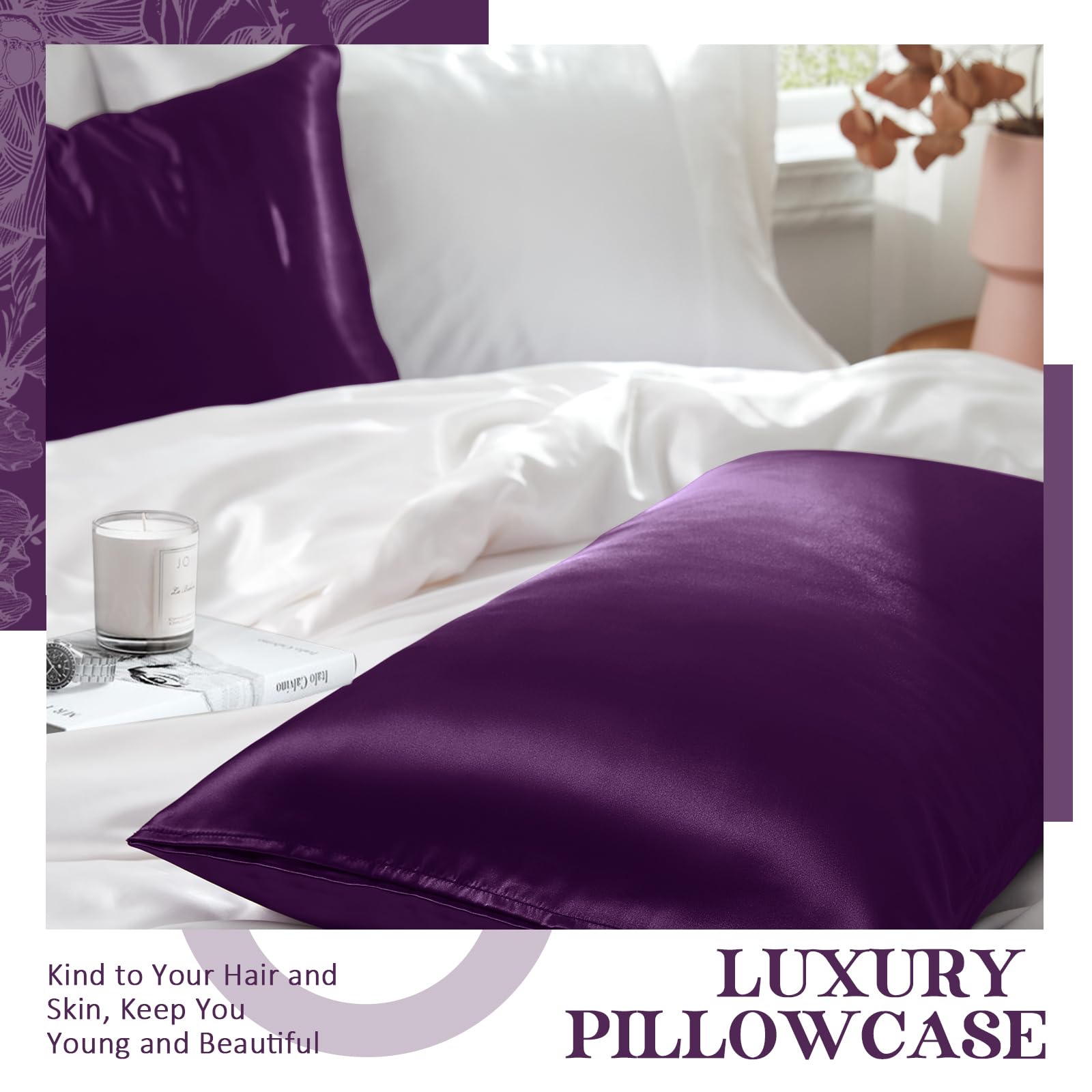 Heywaller Satin Pillowcases for Hair and Skin - Purple Standard Size PIllow Cases 2 Pack - Similar to Silk Pillowcases with Envelope Closure - Soft & Silky Pillow Covers for Him or Her - Image 2