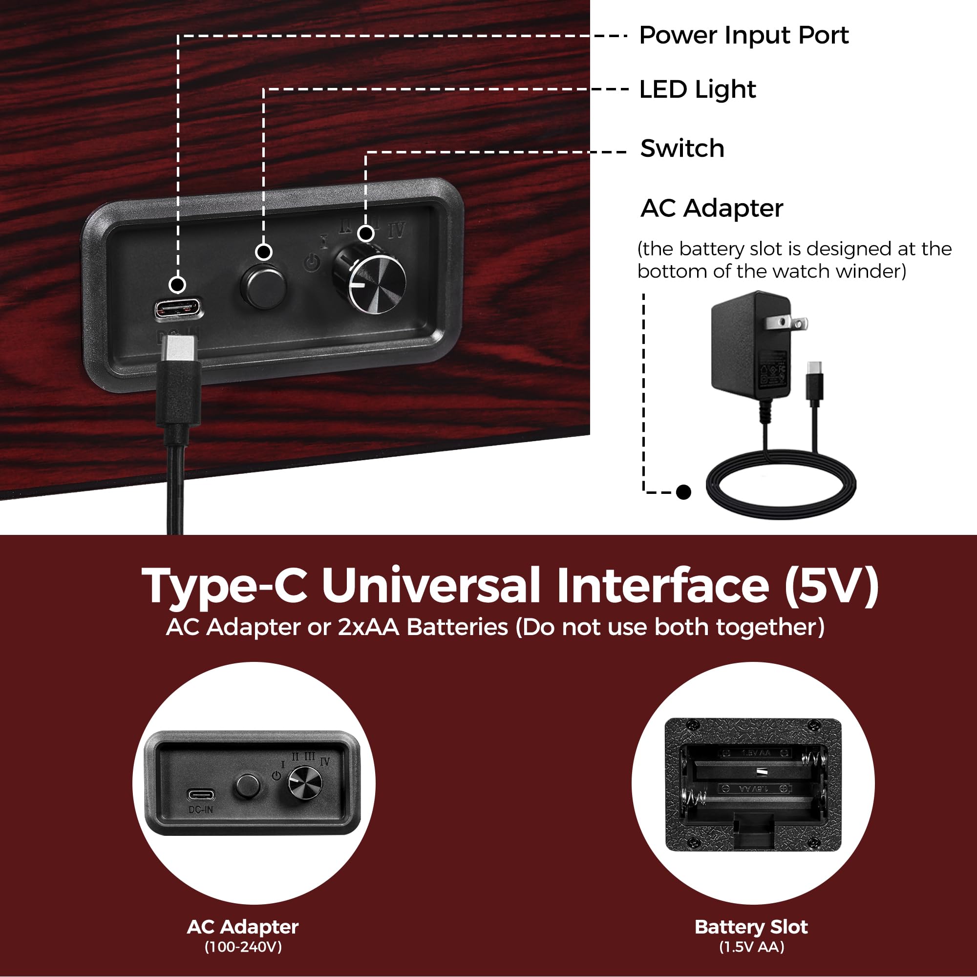 ANWBROAD Watch Winder for Automatic Watches Double with Super Quiet Motor Flexible Watch Pillows LED Backlight Wooden 5 Modes Battery or Type-C Adapter UJWW001Y