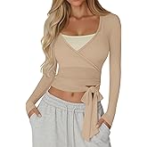 Sweetyweee Women Wrap Tie Tops Lightweight Slim Fit Ballet Pilates Yoga Workout Active Shirts Long Sleeve V Neck Casual Tees(Khaki,Small)