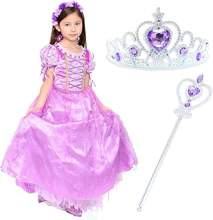 Amazon Mikketa ラプンツェル 風 ドレス 子供 プリンセス かわいい ちくちくしない コスチューム ハロウィン ドレス ティアラ ステッキ 1 スクリーンプロテクター 通販
