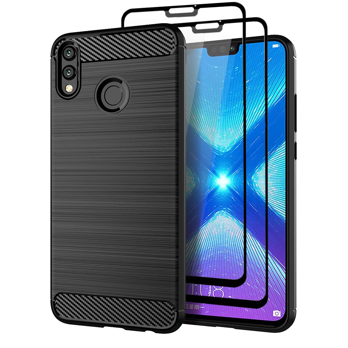 Teayoha Case for Moto One Vision, with Tempered Glass Screen Protector [2 Pack], Carbon Fiber Scratch Resistant, Shock Absorption Soft TPU Drawing Protective Cases Cover - Black