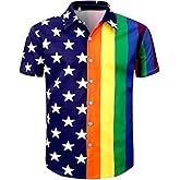Fashonal Men's Pride Shirt Rainbow Button Up Short Sleeve Party Shirt S-4XL