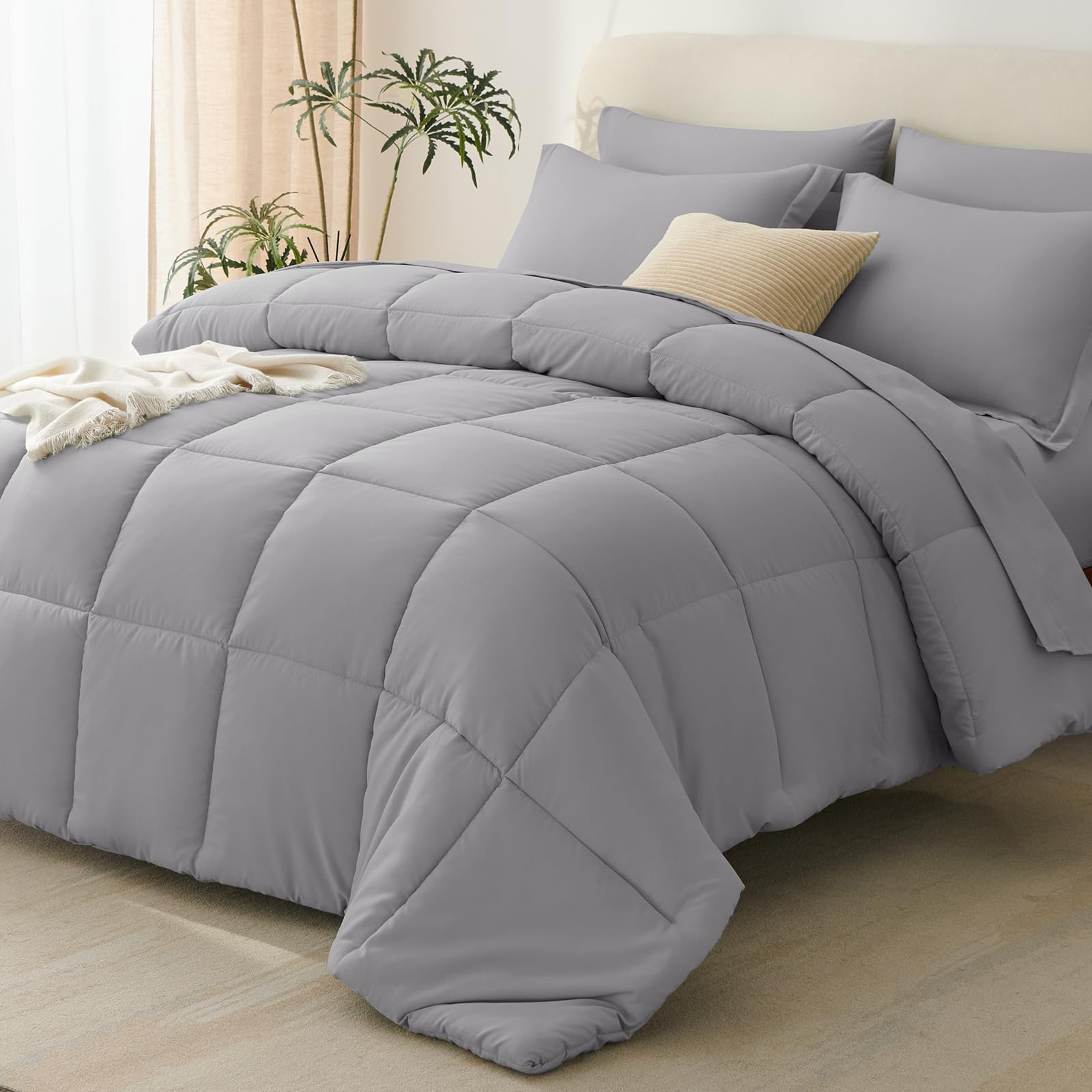CozyLux Full Size Comforter Sets Grey - 7 Pieces Bed in a Bag Full, Oeko-Tex Certified Bed Set, All Season Soft Bedding Set with Down Alternative Comforter, Sheets, Pillowcases & Pillow Shams Image