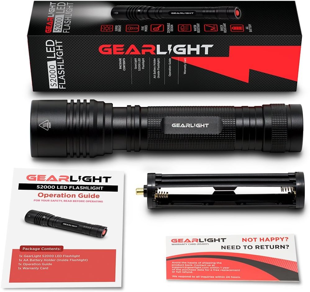 GearLight High-Powered LED Flashlight S2000 - Brightest High Lumen Light with 5 Modes, Zoomable, and Water Resistant I Powerful Camping and Emergency Flashlights - - 